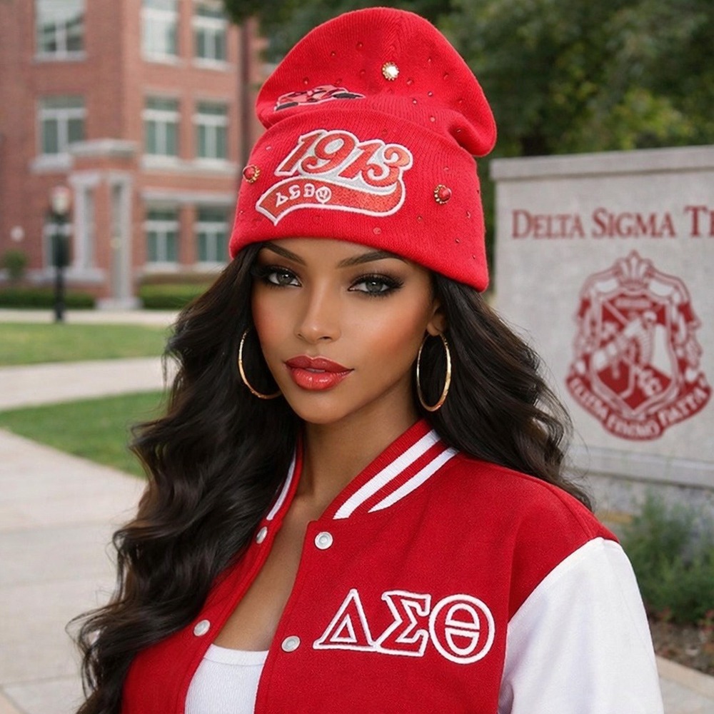 Delta Sigma Theta Red Beanie design with logo, rhinestones and pearls‎